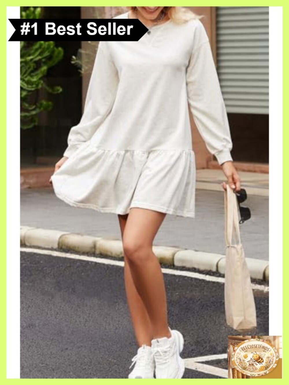 Long Sleeve Ribbed Knit A-Line Mini Dress Ruffle Hem Pullover - Picture 2 of 6
